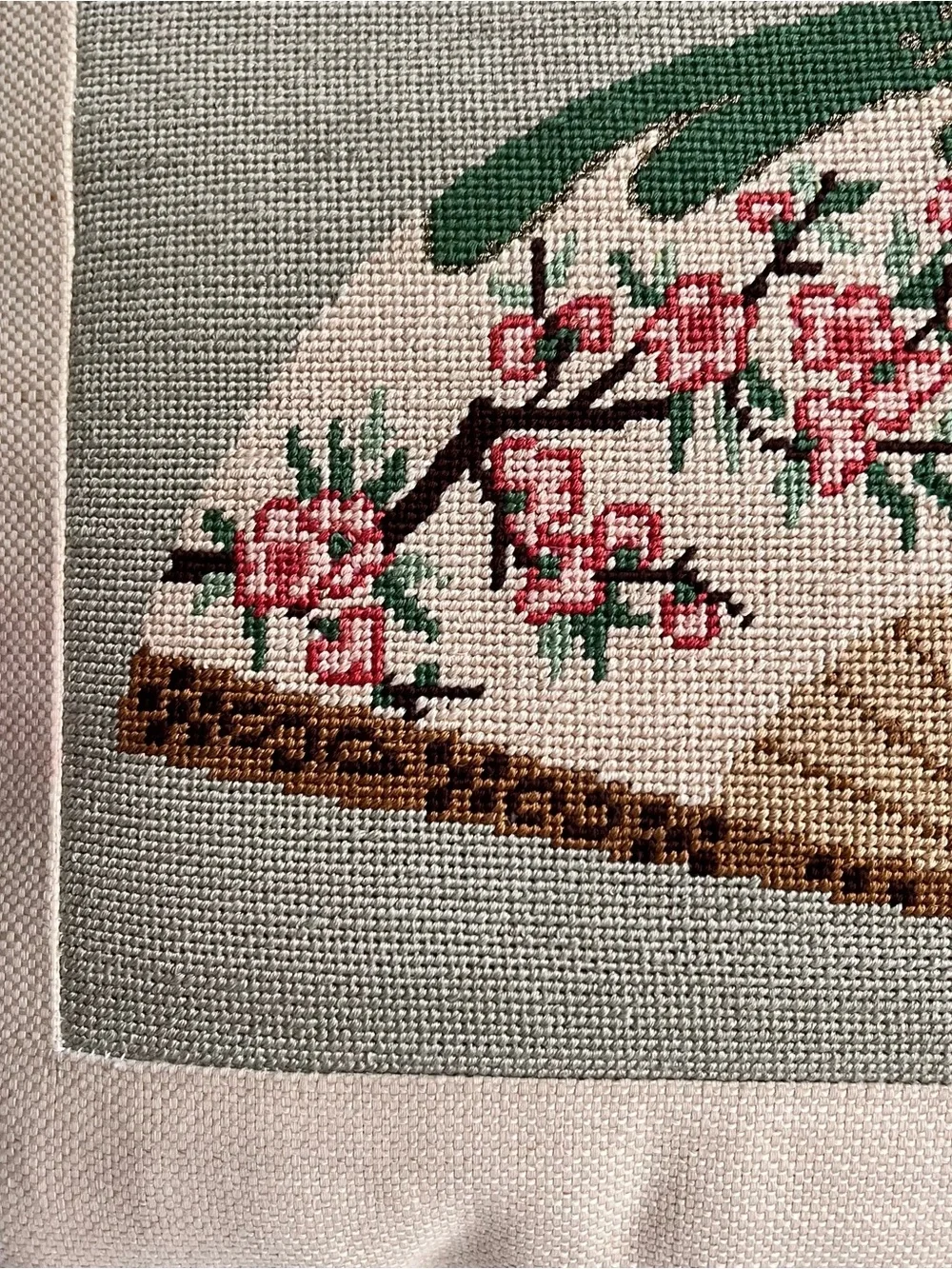 Vintage needlepoint pillow Japanese fan cherry blossom motif